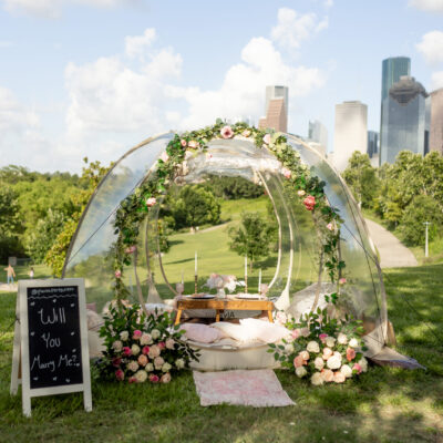 floral bubble tent picnic with pink and white flowers, backdrop, and houston skyline background with clouds on sunny day