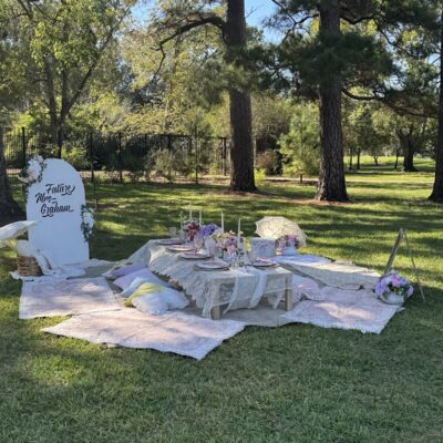 tables with rugs for a luxury picnic setup and a backdrop that says "happy birthday"