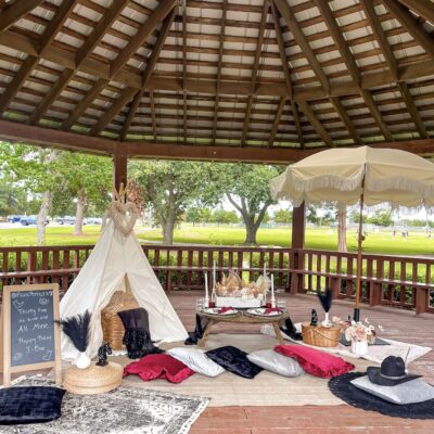 picnic setup in the shade with black, red, white pillows and an umbrella in katy texas