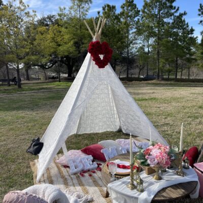 lace white teepee with picnic setup