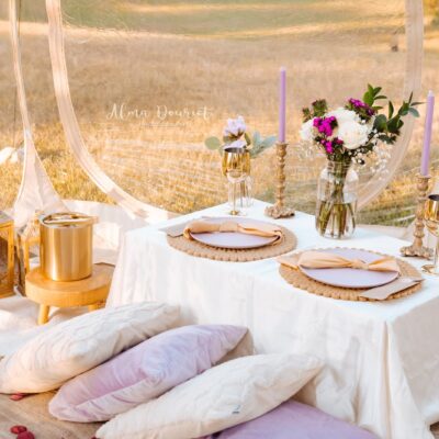 white lace table cloth on picnic table