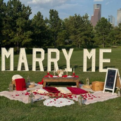 marry me proposal marquee letters with luxury picnic in houston skyline